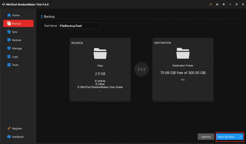   Tarefa de backup de arquivo do MiniTool ShadowMaker em Backup