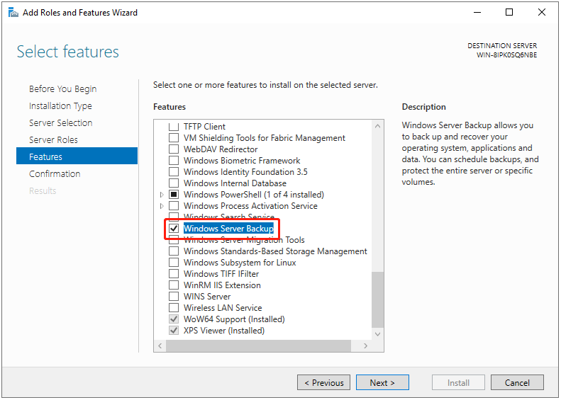   selecione Backup do Windows Server