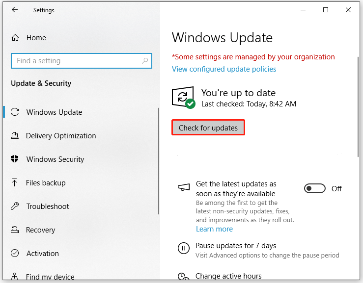   druk op Controleren op updates om een ​​beschikbare Windows-update te vinden