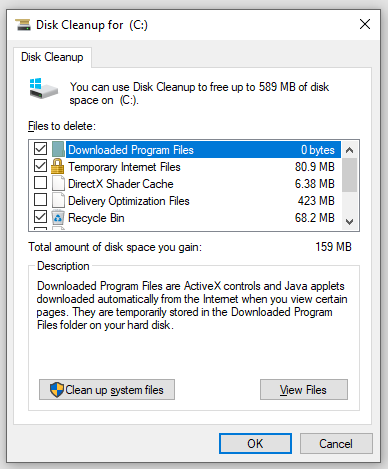   lagyan ng tsek ang mga file na gusto mong linisin sa Disk Cleanup