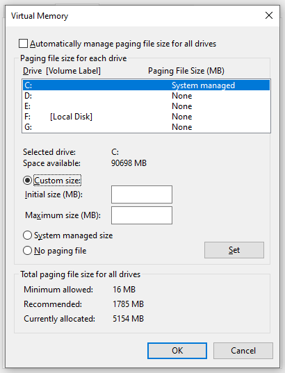   i-customize ang paunang laki at maximum na laki para sa virtual memory