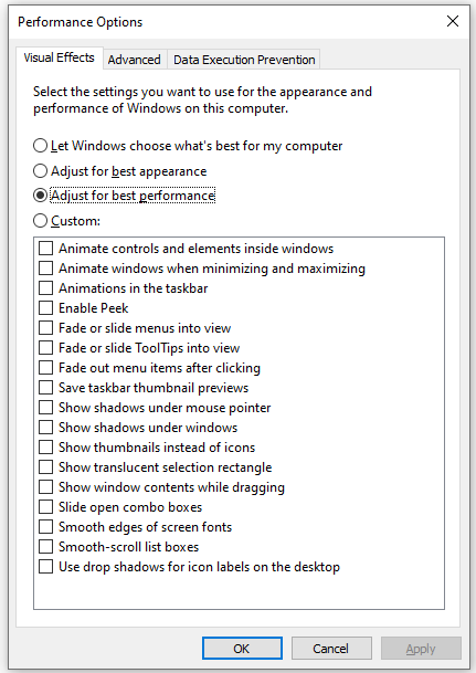   valitse Visuaaliset tehosteet -kohdassa Säädä parhaan suorituskyvyn saavuttamiseksi