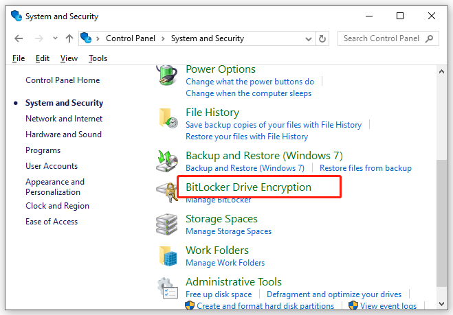   klikněte na BitLocker Drive Encryption