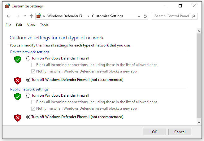   disattivare Windows Defender Firewall