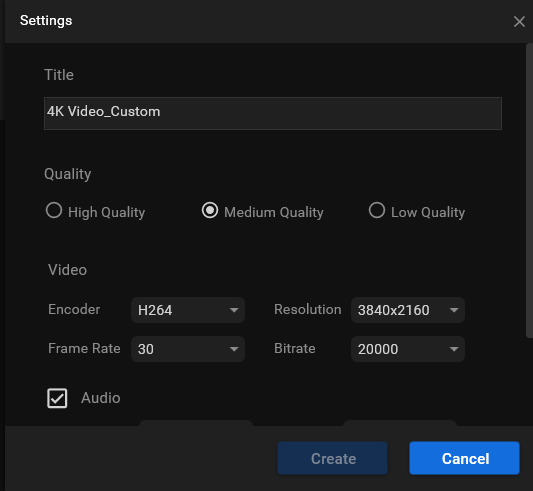 Impostazioni del formato video 4K