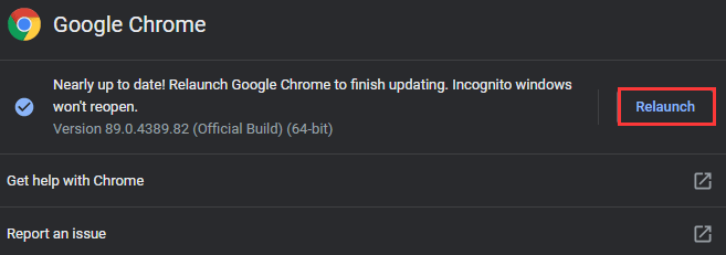 po aktualizácii prehliadača Chrome kliknite na tlačidlo Znova spustiť