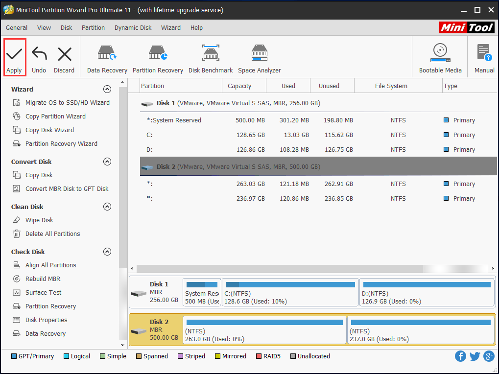 kliknutím na Použít obnovíte oddíl RAW na NTFS