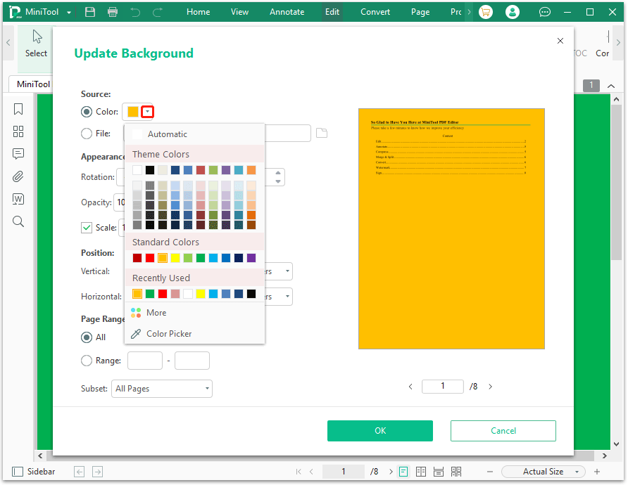 změnit barvu pozadí PDF
