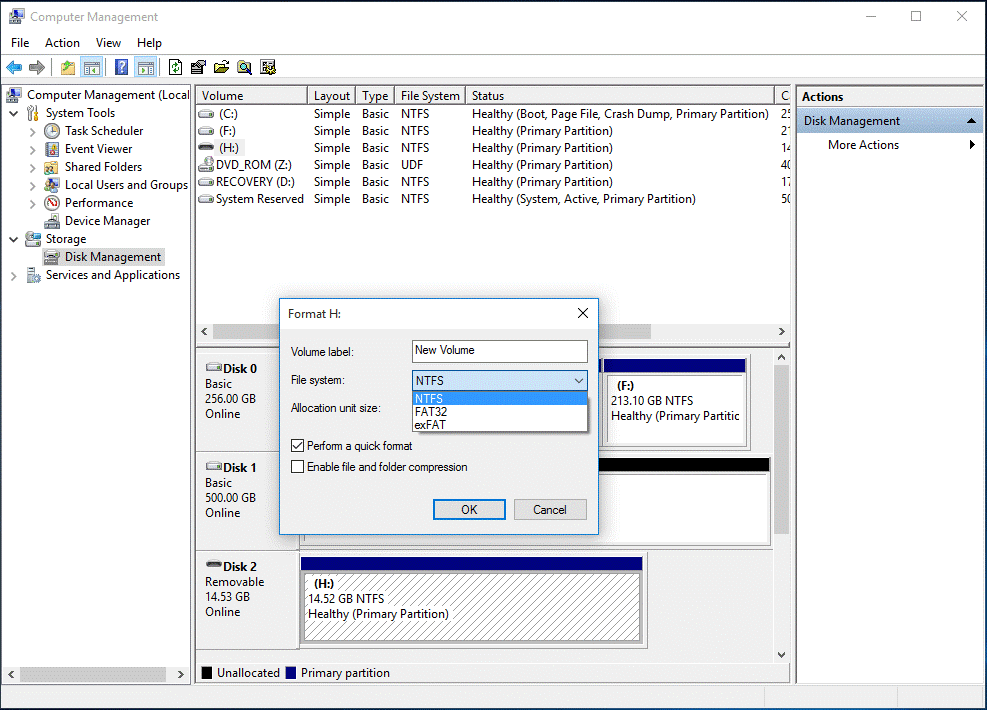 디스크 관리를 사용하여 쓰기 방지 된 USB 드라이브 포맷