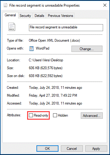 Überprüfen Sie nicht den schreibgeschützten Status der Datei
