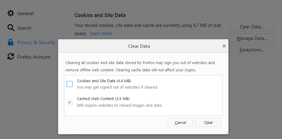 vymažte mezipaměť prohlížeče Firefox a soubory cookie