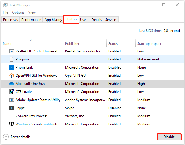 désactiver les applications de démarrage via le Gestionnaire des tâches sous Windows 10