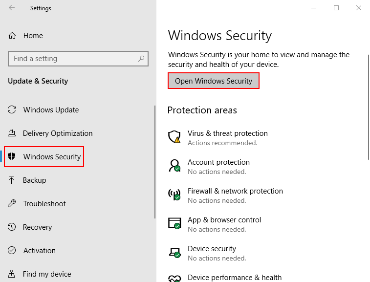 Avaa Windows Security