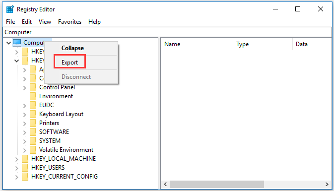 faça um backup completo do registro do Windows 10