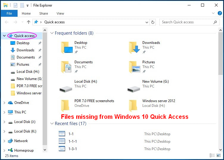 chybí soubory ve Windows 10 Quick Access
