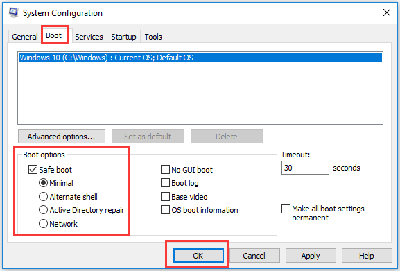 spusťte Windows 10 v nouzovém režimu pomocí msconfig