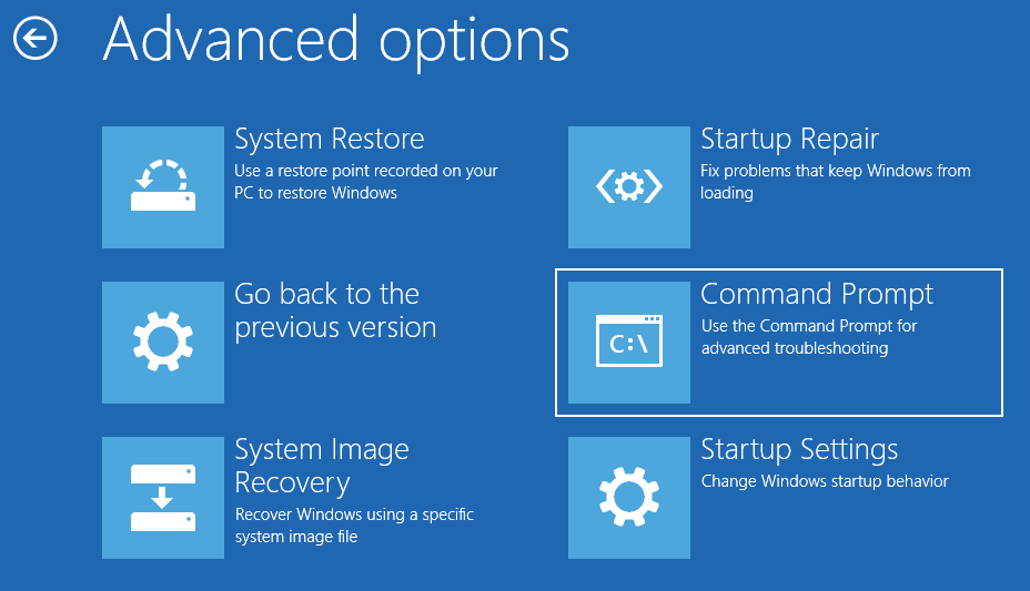 acceder a las opciones de recuperación de Windows Símbolo del sistema para ejecutar CHKDSK