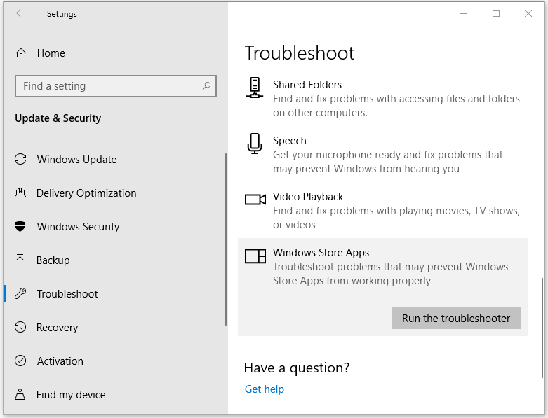 paleiskite „Windows Store Apps“ trikčių šalinimo įrankį