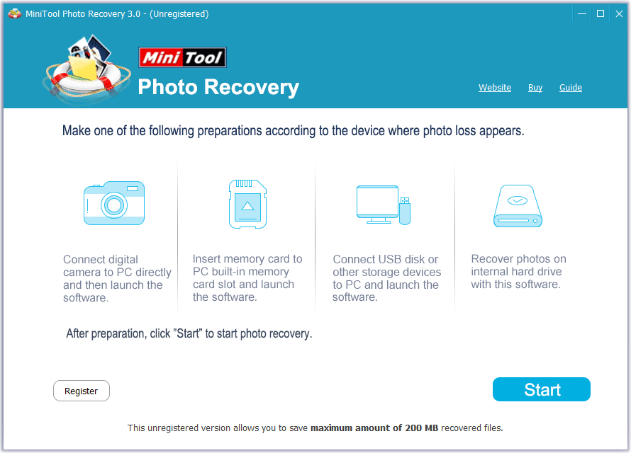 MiniTool Photo Recovery -ohjelman pääkäyttöliittymä
