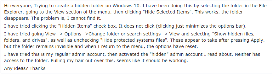 Windows 10 mostra problemas de arquivos ocultos que não funcionam no Reddit