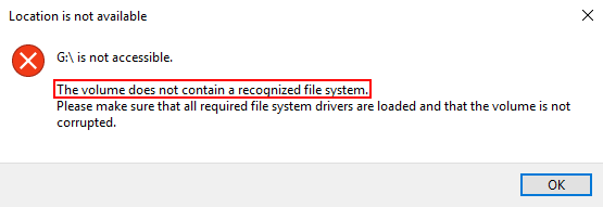 o volume não contém um sistema de arquivos reconhecido