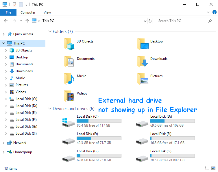 ekstern harddisk som ikke viser File Explorer