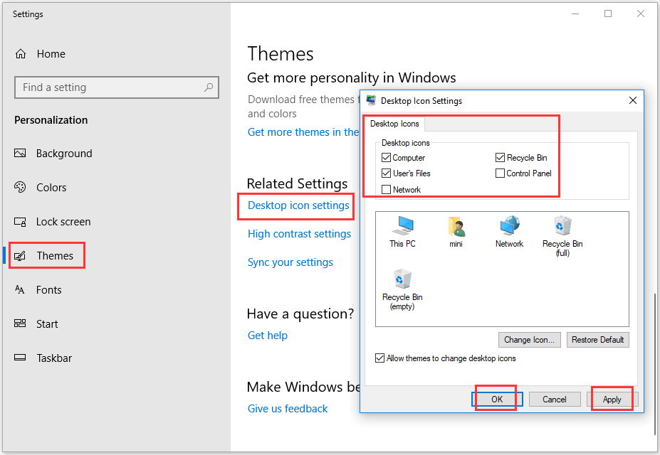 suriin ang mga setting ng mga icon ng desktop