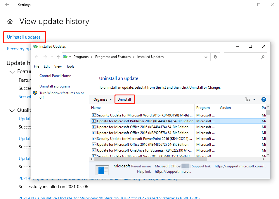 desinstalar actualizaciones de Windows