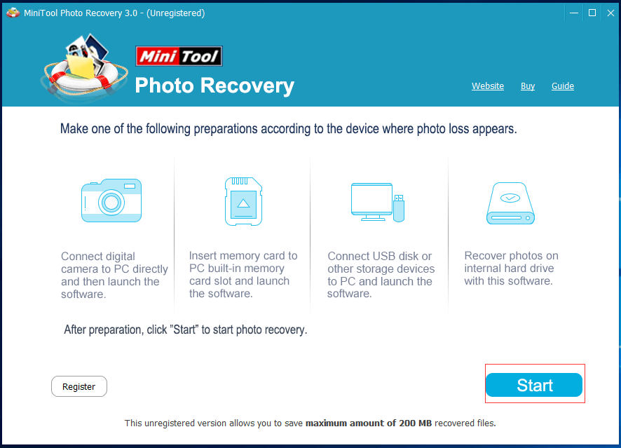 interfaz principal de MiniTool Photo Recovery
