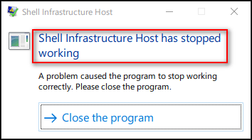 Shell Infrastructure Host ha dejado de funcionar cuadro de error