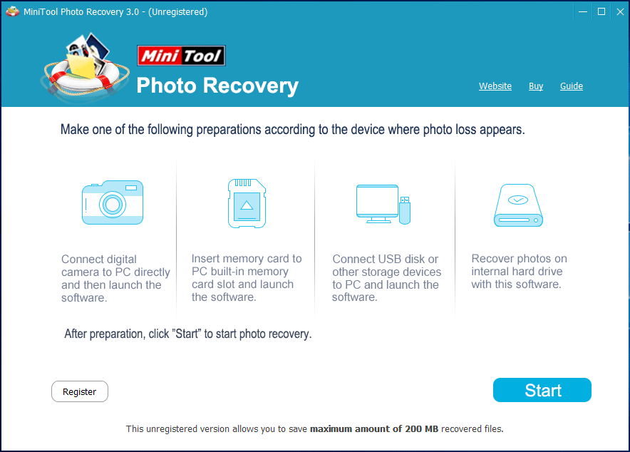 Interface principale de MiniTool Photo Recovery