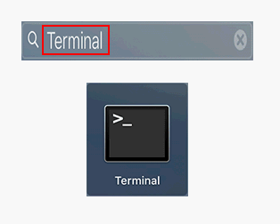 Raskite terminalą naudodami „Launchpad“.