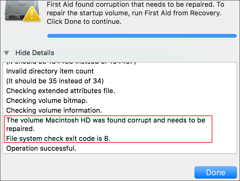 Der Exit-Code für die Dateisystemprüfung ist 8