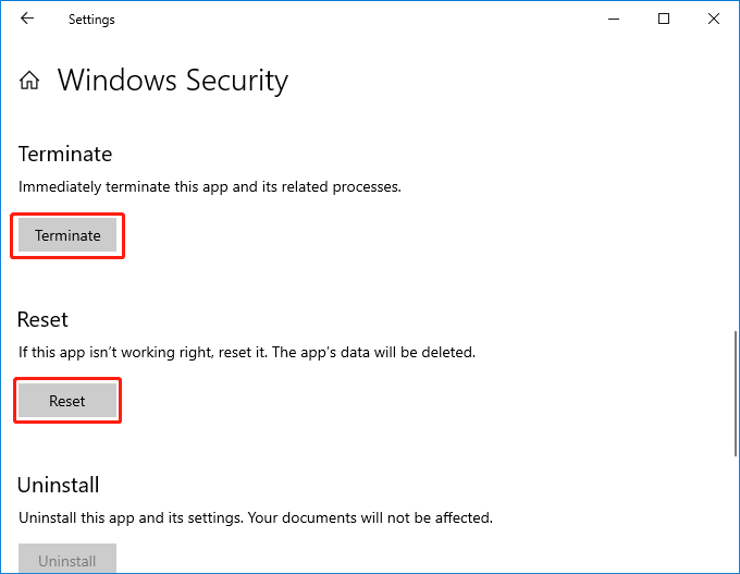 khởi động lại và thiết lập lại Windows Security