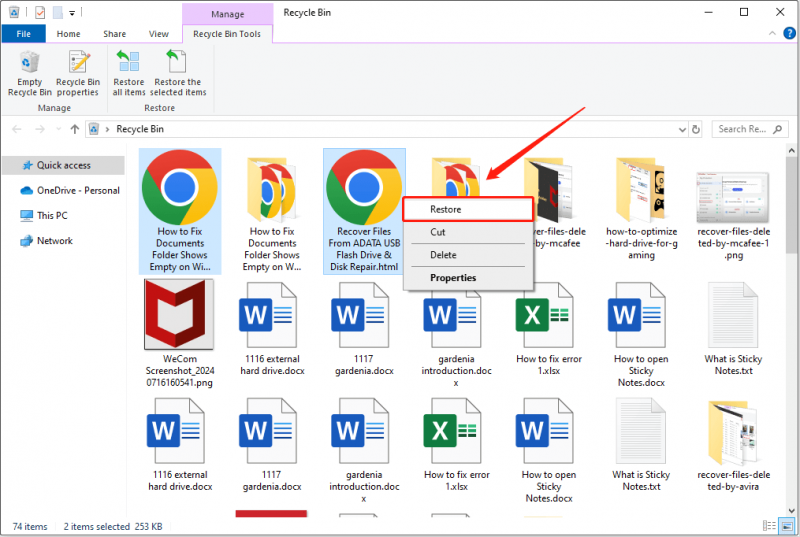   memulihkan file HTML dari Recycle Bin