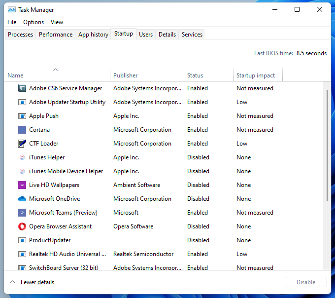 inaktivera startprogram i Windows 11 via Aktivitetshanteraren