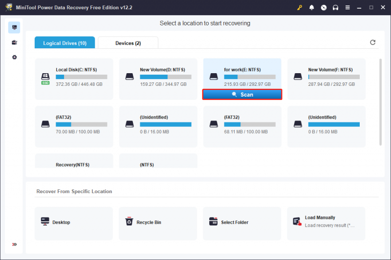   MiniTool Power Data Recovery의 기본 인터페이스에 EML 파일이 저장된 드라이브를 검색합니다.