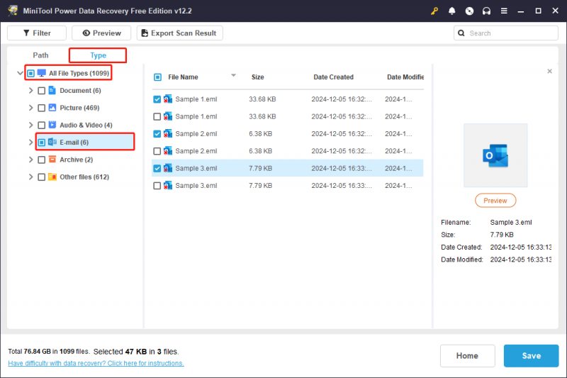   use o recurso Tipo para encontrar arquivos EML na página de resultados da verificação do MiniTool Power Data Recovery