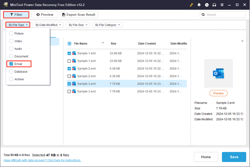   use o recurso Filtro para encontrar arquivos EML na página de resultados da verificação do MiniTool Power Data Recovery