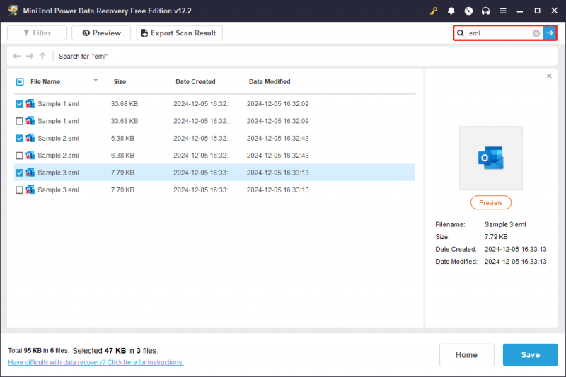   escolha um novo local para armazenar os arquivos EML selecionados no MiniTool Power Data Recovery