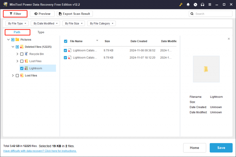   na interface de resultados da verificação do MiniTool Power Data Recovery, encontre os arquivos necessários com os recursos Caminho e Filtro