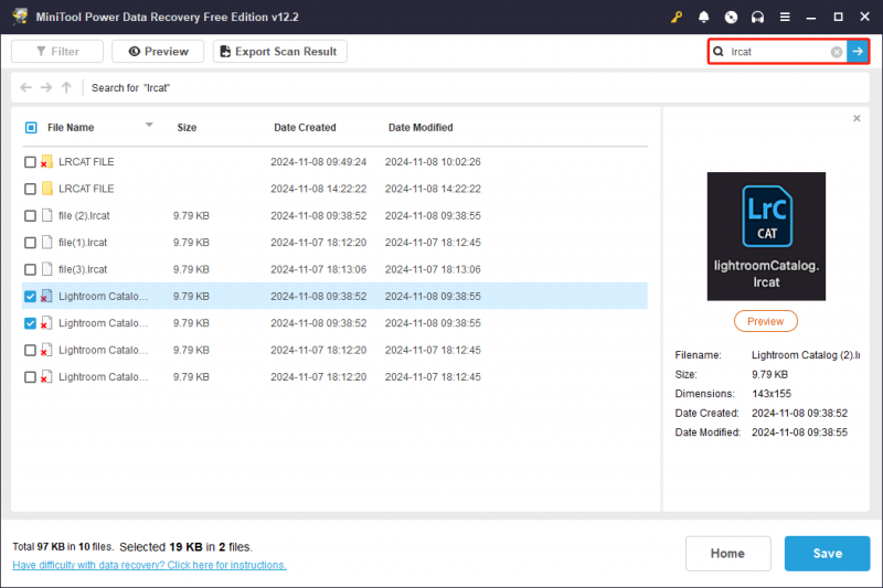   på scanningsresultatsiden af ​​MiniTool Power Data Recovery, skriv lrcat for at søge efter ønskede LRCAT-filer