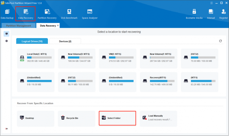   na interface principal do MiniTool Partition Wizard, vá para a seção Data Recovery e escolha a pasta Imagens para digitalizar