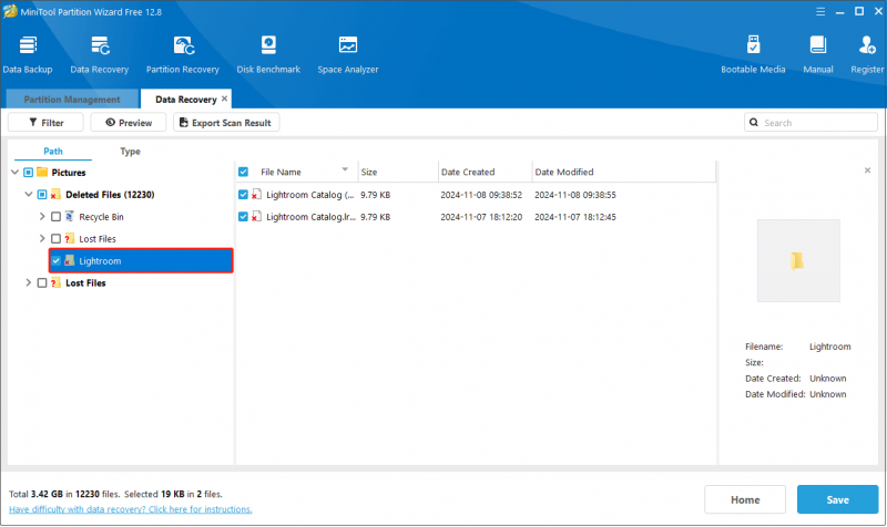   nos resultados da verificação do MiniTool Partition Wizard, selecione e salve os arquivos LRCAT necessários