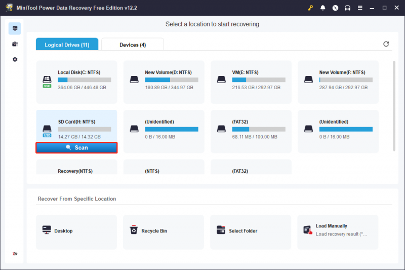   na interface principal do MiniTool Power Data Recovery, encontre e escaneie o cartão SD