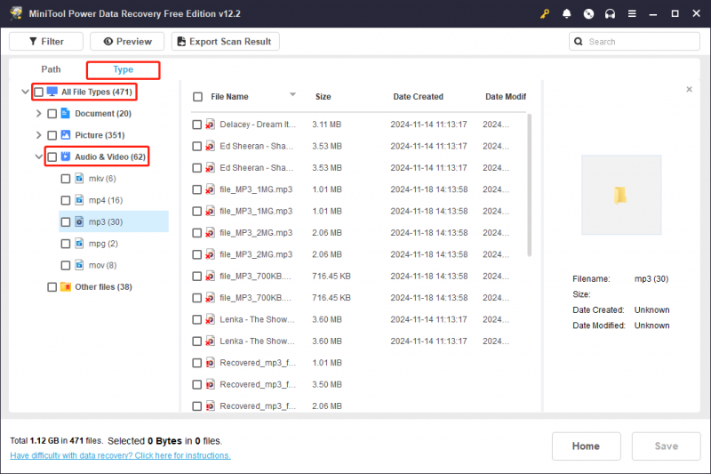   en la página de resultados del escaneo de MiniTool Power Data Recovery, busque los archivos de audio necesarios usando la pestaña Tipo