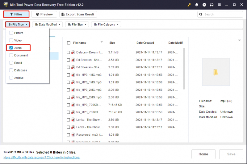   en la página de resultados del escaneo de MiniTool Power Data Recovery, busque los archivos de audio necesarios usando la función Filtro