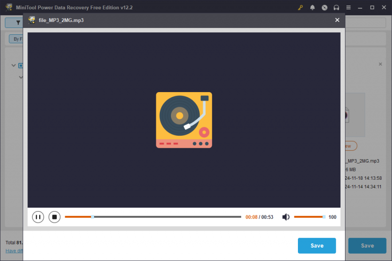   en la página de resultados del escaneo de MiniTool Power Data Recovery, obtenga una vista previa de los archivos de audio necesarios con la función Vista previa