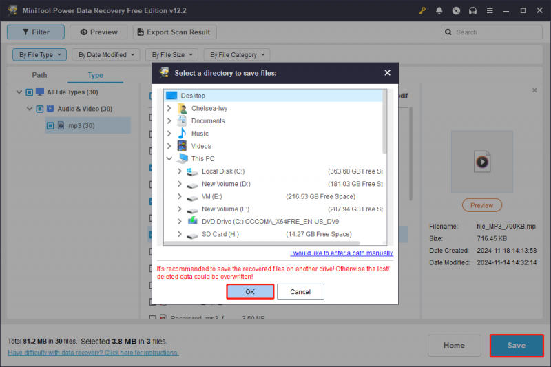   en la página de resultados del escaneo de MiniTool Power Data Recovery, guarde los archivos de audio en una nueva ubicación