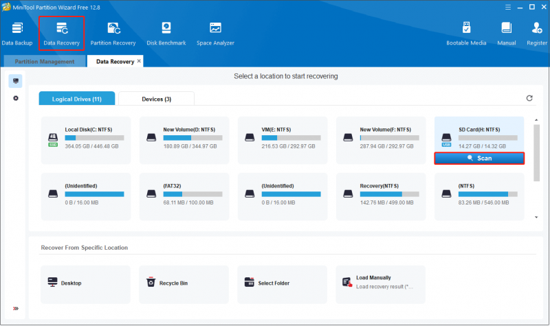   en la interfaz principal de MiniTool Partition Wizard, cambie a la sección Recuperación de datos y escanee la tarjeta SD